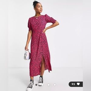 Asos New Look Pink and Black Floral Midi Dress